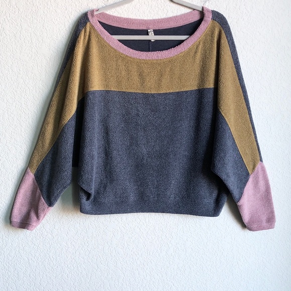 Intimately Free People Blue Monday Fleece Pullover Sweatshirt Colorblock Dolman - Picture 2 of 14